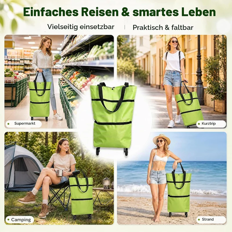 2 in 1 Einkaufstrolley Klappbar, Faltbare Einkaufstasche mit 2 Rollen, Grün