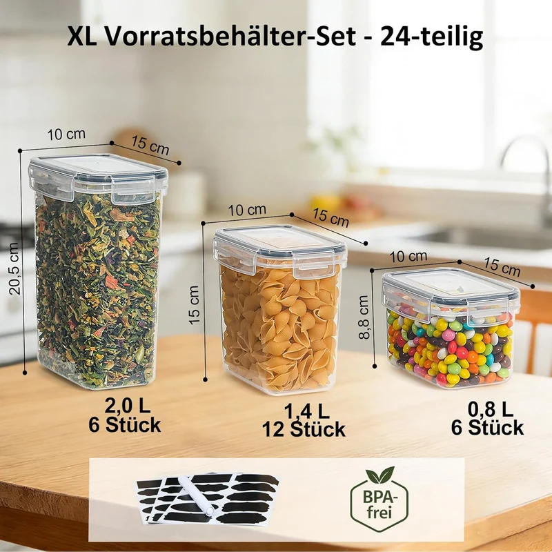Haushaltszauber® Vorratsdosen Set XL – 24-teilig (0,8/1,4/2,0 L) | Luftdichte Vorratsdosen, Vorratsb