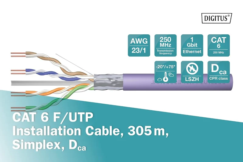 DIGITUS 305 m Cat 6 Netzwerkkabel - F-UTP Simplex - BauPVO Dca - LSZH Halogenfrei - 250 MHz Kupfer A
