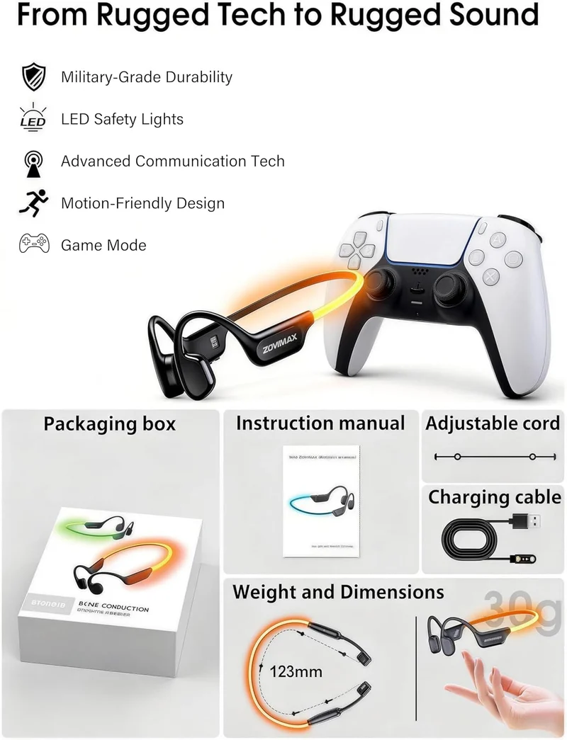 Knochenschall Kopfhörer Bluetooth 6.0 mit LED-Sicherheitslicht, Open Ear Sportkopfhörer Bluetooth mi