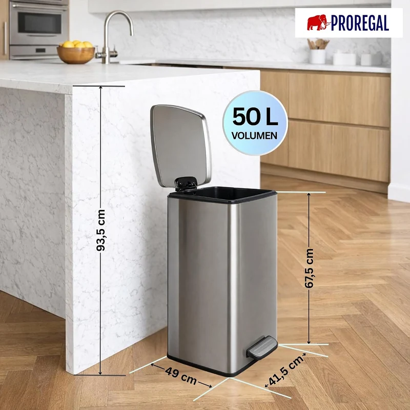 PROREGAL Mülleimer Küche Bad 50L, Abfalleimer mit Softclose & Stay-Open Deckel, Fusspedal & Inneneim