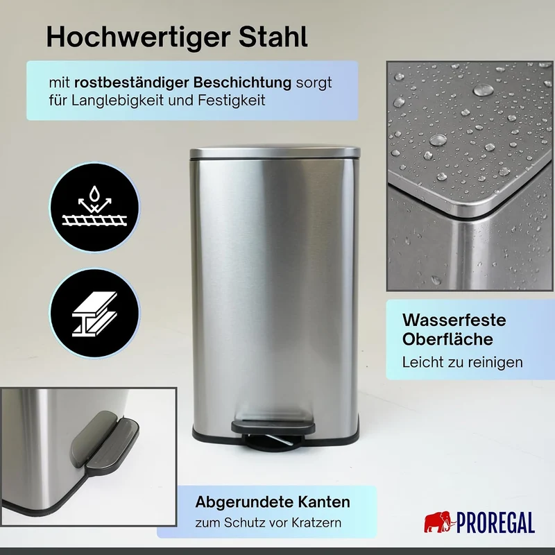 PROREGAL Mülleimer Küche Bad 50L, Abfalleimer mit Softclose & Stay-Open Deckel, Fusspedal & Inneneim