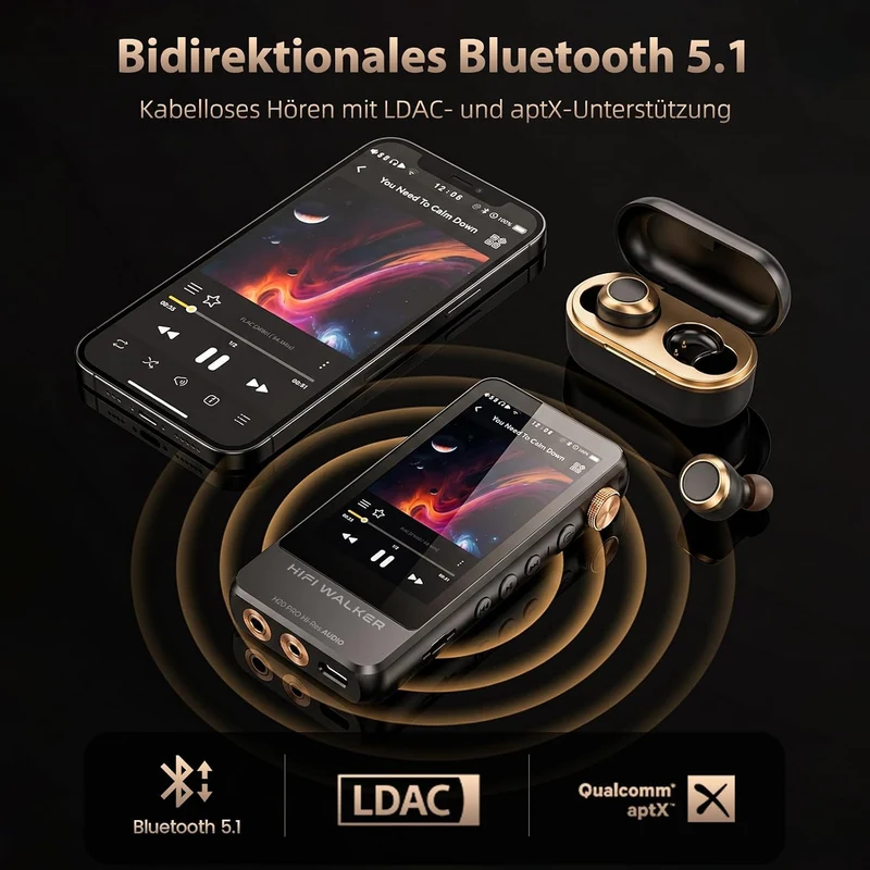 HIFI WALKER H20 Pro Hi-Res MP3 Player mit Bluetooth, 64GB microSD Karte, Lossless Musikplayer mit Du