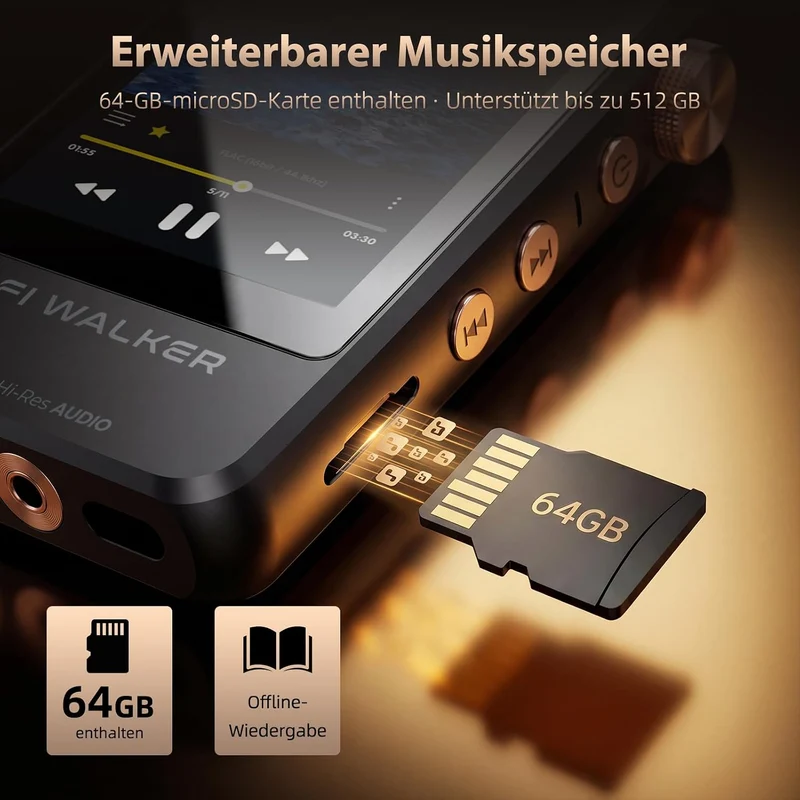 HIFI WALKER H20 Pro Hi-Res MP3 Player mit Bluetooth, 64GB microSD Karte, Lossless Musikplayer mit Du
