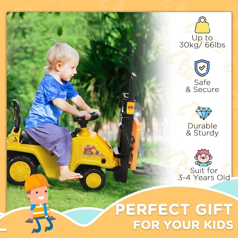 HOMCOM Traktor für Kinder von 3-4 Jahren mit Gabelstapler, Knopf für Geräusche und versteckter Staur