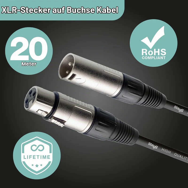 Stagg SMC20 20M Mikrofon-Kabel (XLR-Buchse-auf-XLR-Stecker) Black 20m XLRf to XLRm, Black 20m XLRf t