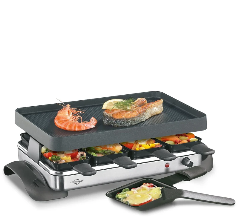Küchenprofi Raclette GRANDE8 aus Edelstahl für 8 Personen, 1200 Watt, 47x24,5x13,5 cm, antihaftbesch