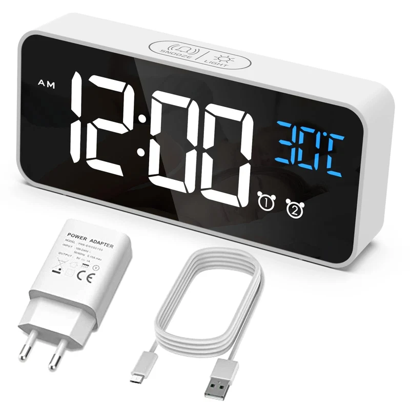 Wecker Digital, LED Digitaluhr mit Temperaturanzeige Tragbarer Spiegelalarm Tischuhr mit 2 Alarmen 1