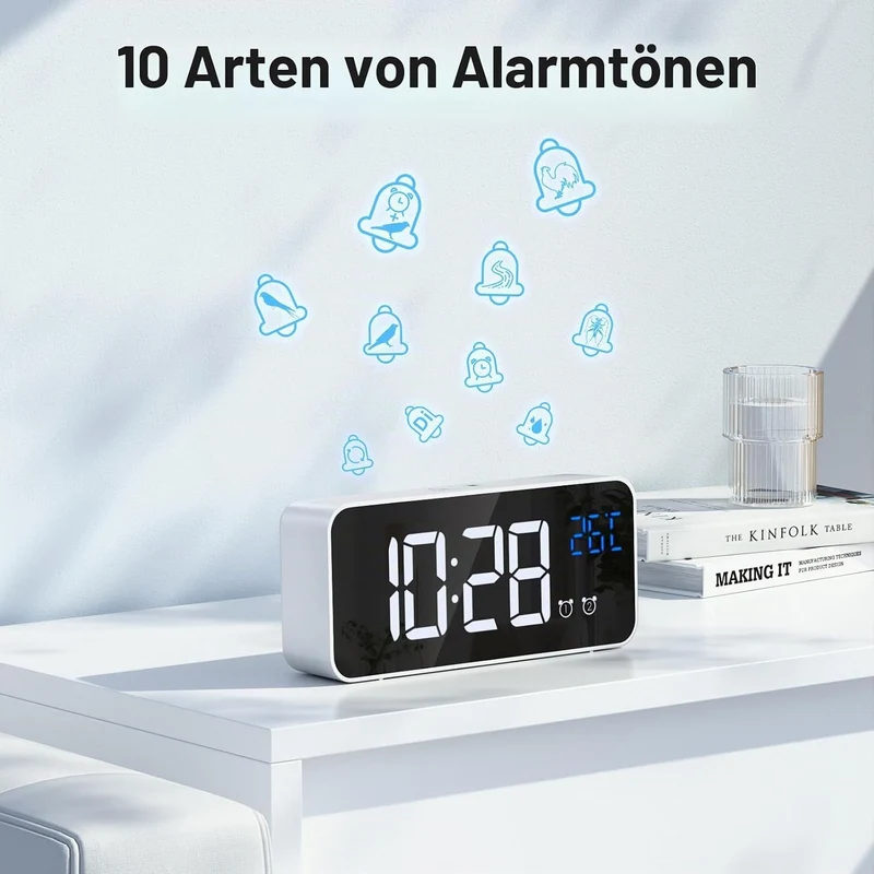 Wecker Digital, LED Digitaluhr mit Temperaturanzeige Tragbarer Spiegelalarm Tischuhr mit 2 Alarmen 1