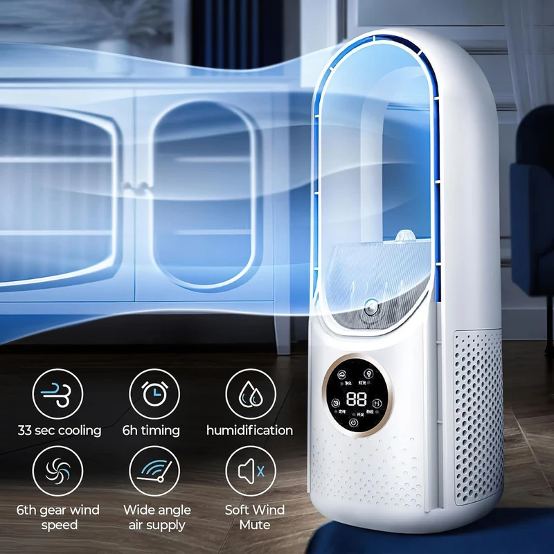 Ventilator Leise, Rotorloser Ventilator mit mit Luftreiniger, 6 Geschwindigkeiten, 9H Timer, USB-Auf