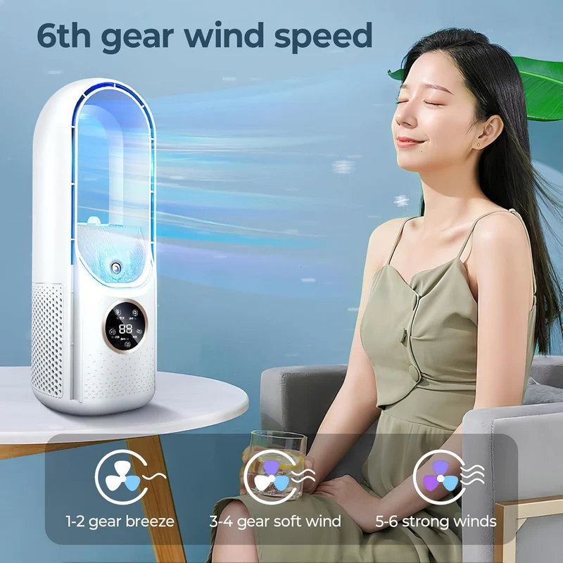 Ventilator Leise, Rotorloser Ventilator mit mit Luftreiniger, 6 Geschwindigkeiten, 9H Timer, USB-Auf