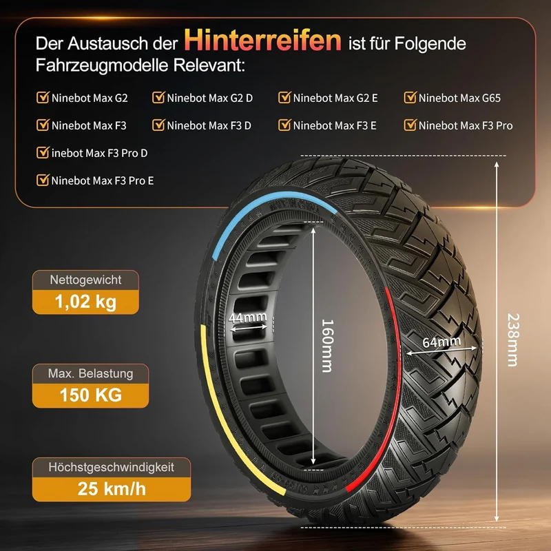 60/65-6,9 Ersatzräder Vollgummireifen 10 Zoll Solide Reifen für Ninebot Max G2 G2D G2E G65 F3 F3 Pro