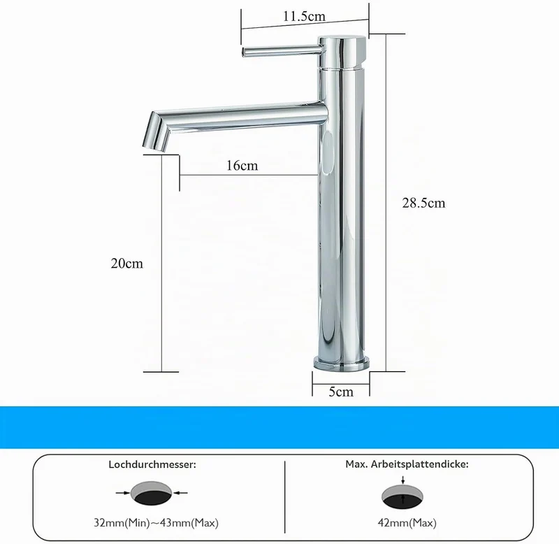 Waschtischarmatur chrom Hoch Wasserhahn Bad Badezimmer Waschbecken Armatur Edelstahl Einhebelmischer
