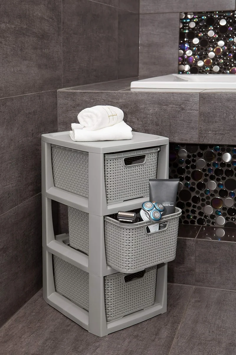 BranQ - Home essential Regal in Rattan Design, BPA-freie Kunststoff PP, Hellgrau, 29,5x24x48,7 cm, 3