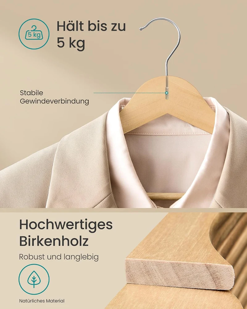 SONGMICS Holzkleiderbügel aus Birkenholz, Platzsparende, 50 Stück Naturfarben 50 Stück, Naturfarben