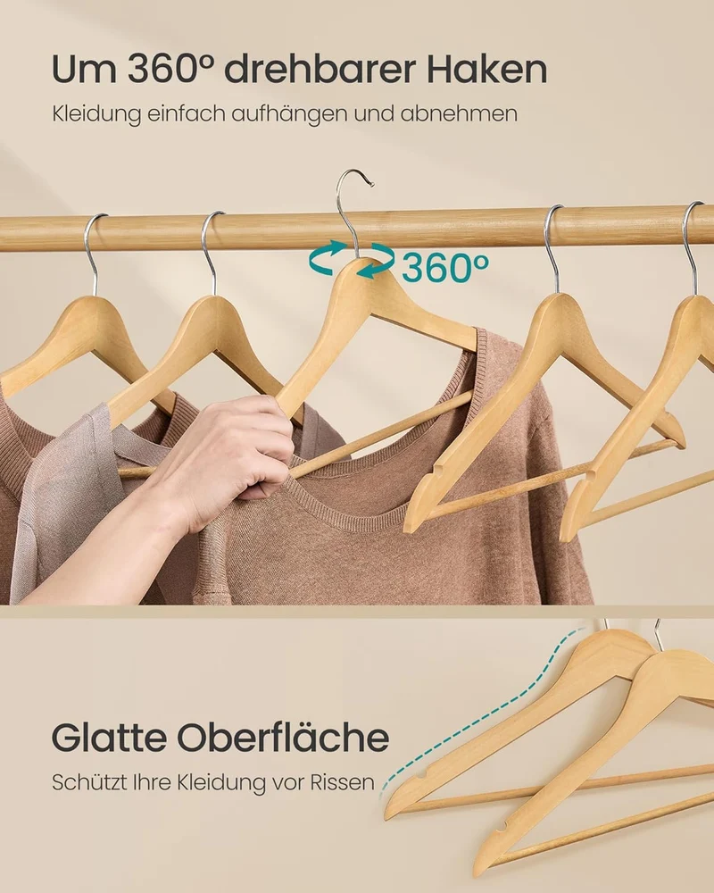 SONGMICS Holzkleiderbügel aus Birkenholz, Platzsparende, 50 Stück Naturfarben 50 Stück, Naturfarben