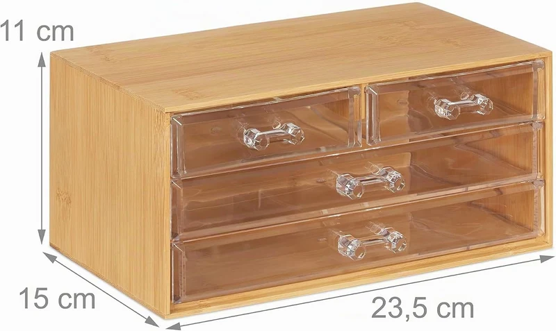 Relaxdays Make Up Organizer Bambus, 4 Schubladen, HBT: 11x23,5x15 cm, Schminkaufbewahrung & Schmuck,