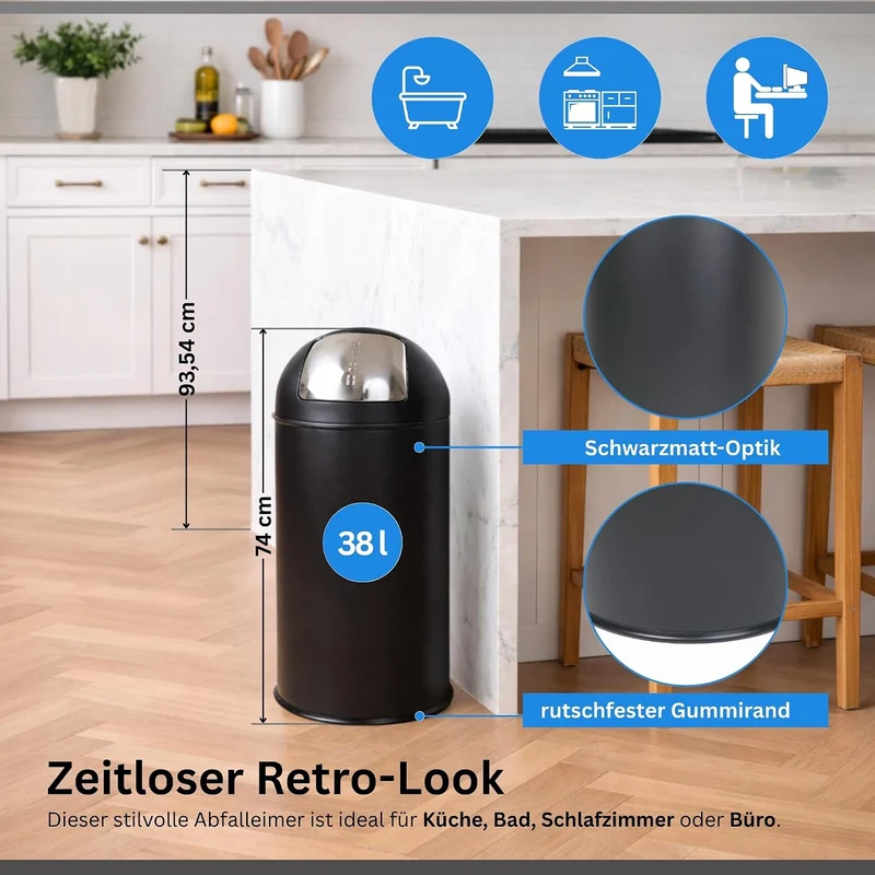 PROREGAL Mülleimer Küche Bad mit Push Klappe 38L, Abfalleimer 38 Liter, Stahl Matt Schwarz, Pushmüll