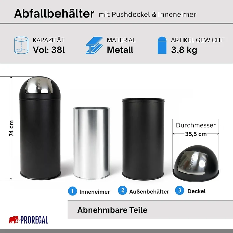PROREGAL Mülleimer Küche Bad mit Push Klappe 38L, Abfalleimer 38 Liter, Stahl Matt Schwarz, Pushmüll