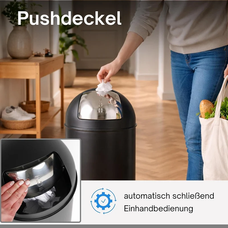 PROREGAL Mülleimer Küche Bad mit Push Klappe 38L, Abfalleimer 38 Liter, Stahl Matt Schwarz, Pushmüll
