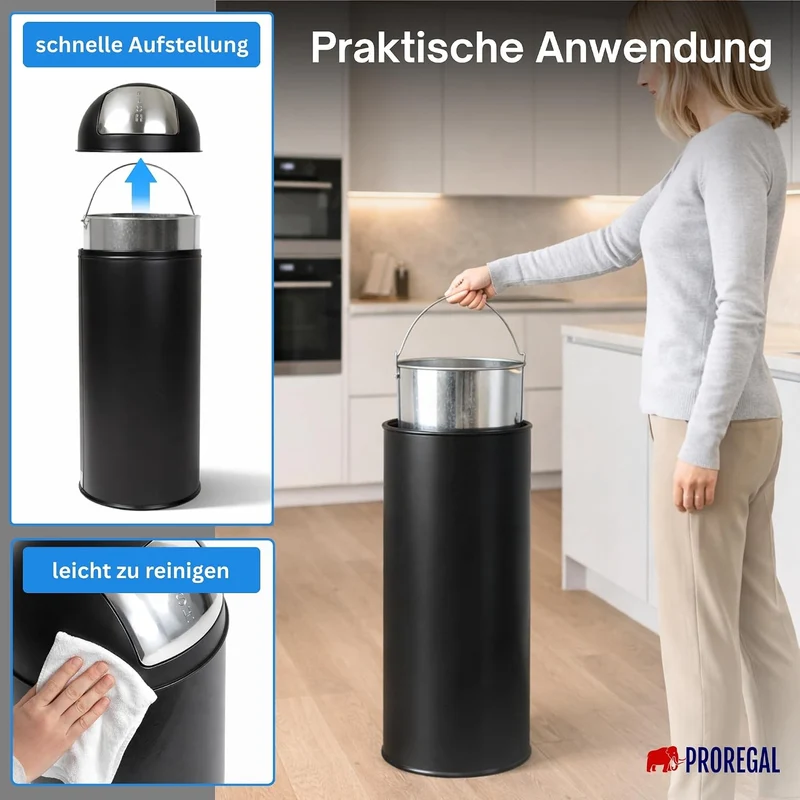 PROREGAL Mülleimer Küche Bad mit Push Klappe 38L, Abfalleimer 38 Liter, Stahl Matt Schwarz, Pushmüll