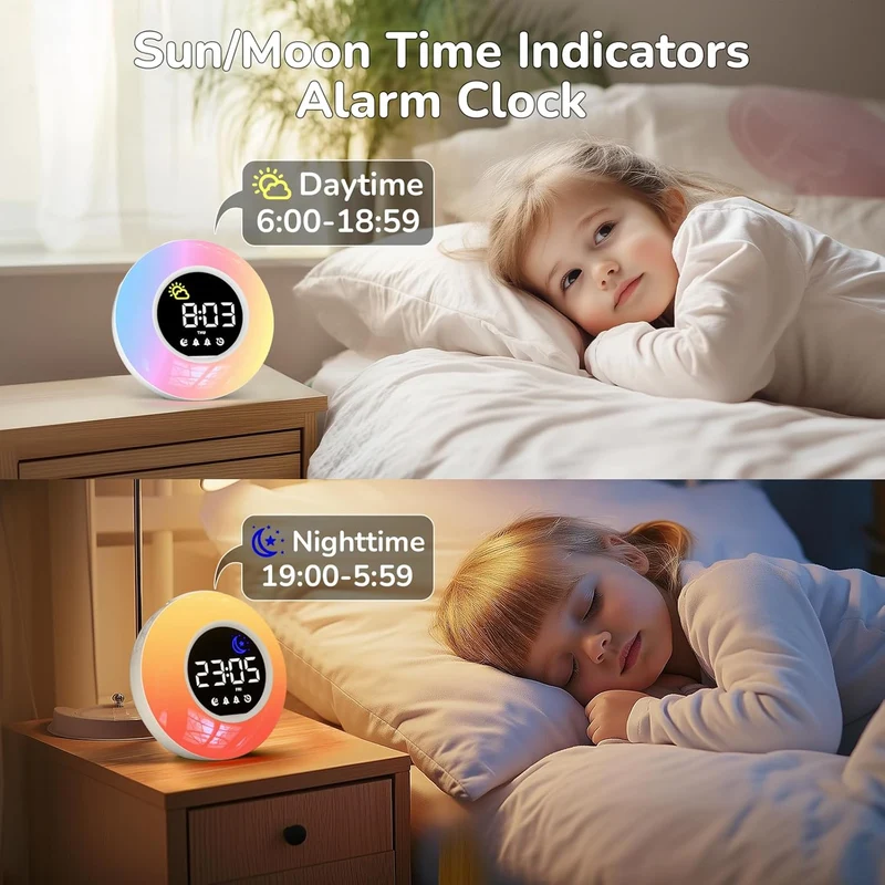 Wecker Digital, Kinderwecker mit Nachtlicht, 12 White Noise, 2 Alarme, Snooze und Timer, Einstellbar