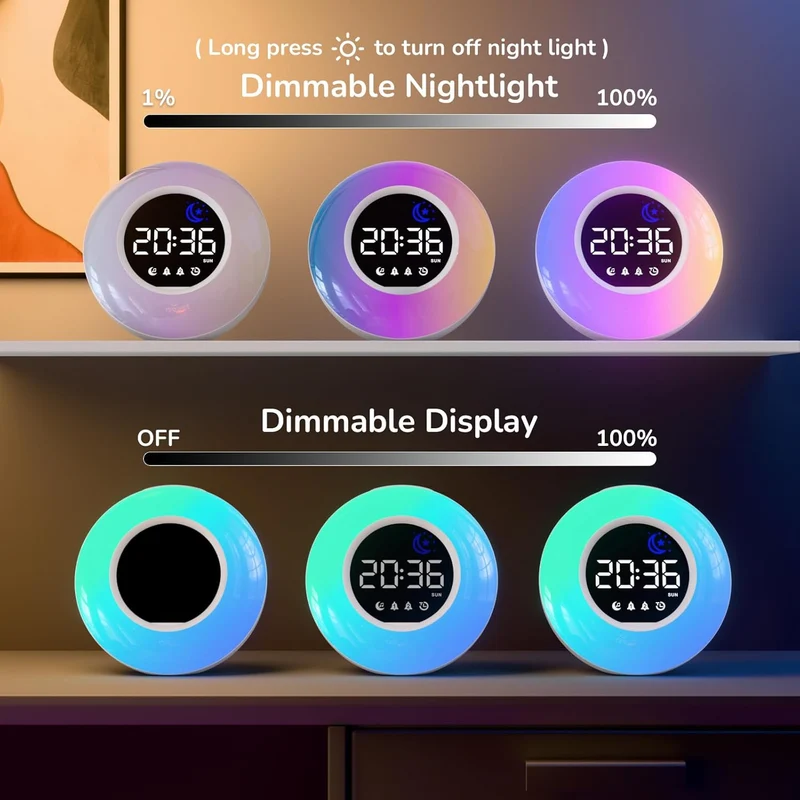 Wecker Digital, Kinderwecker mit Nachtlicht, 12 White Noise, 2 Alarme, Snooze und Timer, Einstellbar