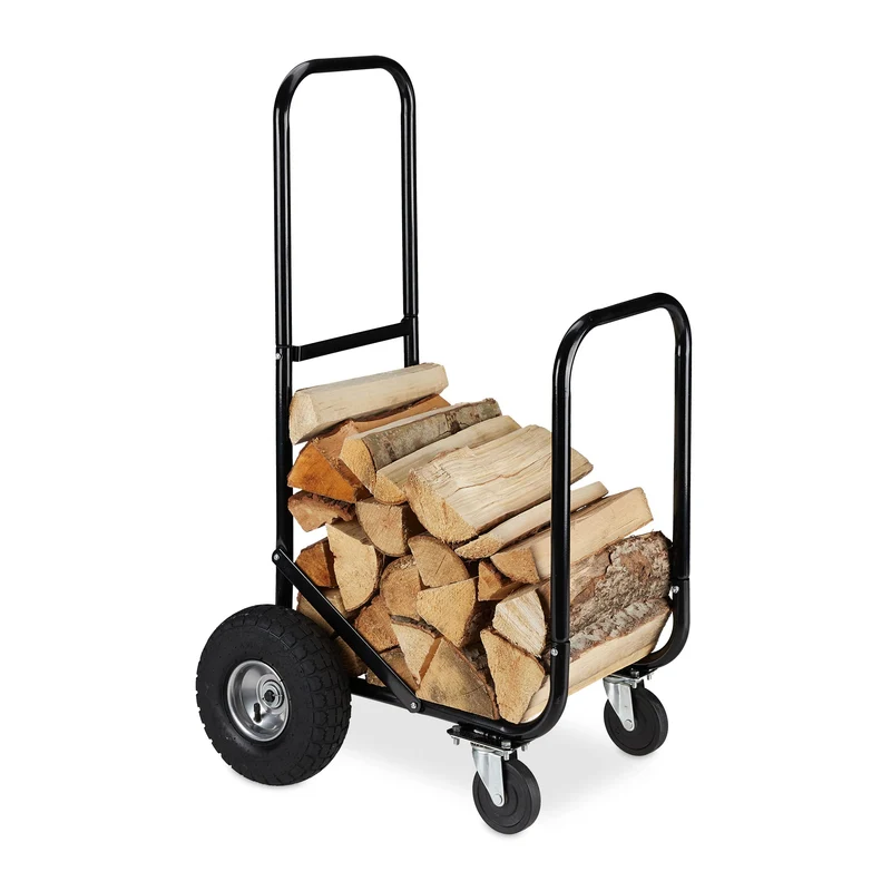Relaxdays Kaminholzwagen, 2 Reifen & 2 Rollen, bis 60 kg, Brennholzwagen Stahl, Holztransport & -auf