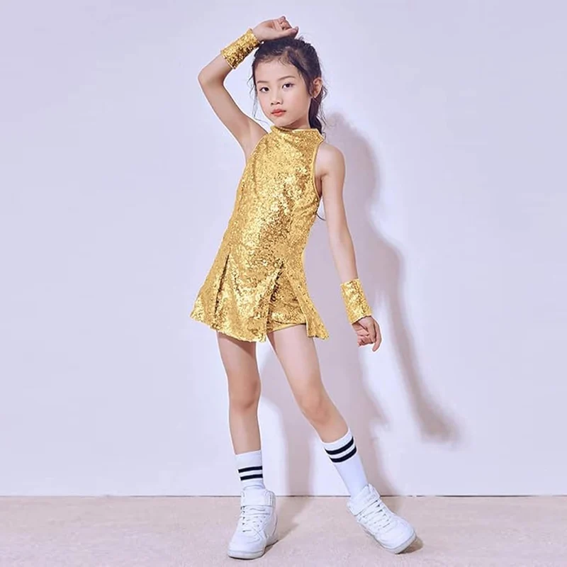LOLANTA Mädchen Pailletten-Kostüm Hip Hop Dancewear Funkelndes Tanzkleid Gesetzt 4-5 Jahre Gold, 4-5