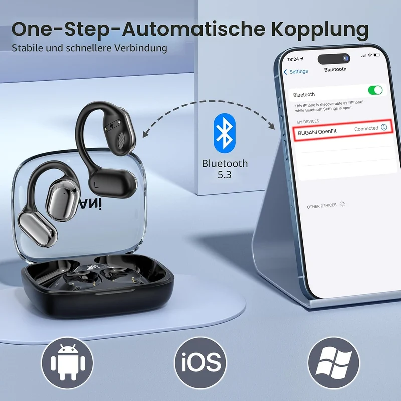 BUGANI Open Ear Kopfhörer, Ohrhaken Kopfhörer Kabellos Bluetooth IPX6 Wasserdicht, 30H Laufzeit, Blu
