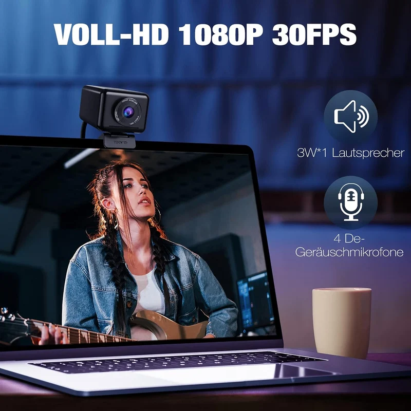 EMEET 1080P HD Webcam, Streaming Webcam mit 4 De-Noise Mikros, Smart KI Fokus & Low-Light Korrektur,