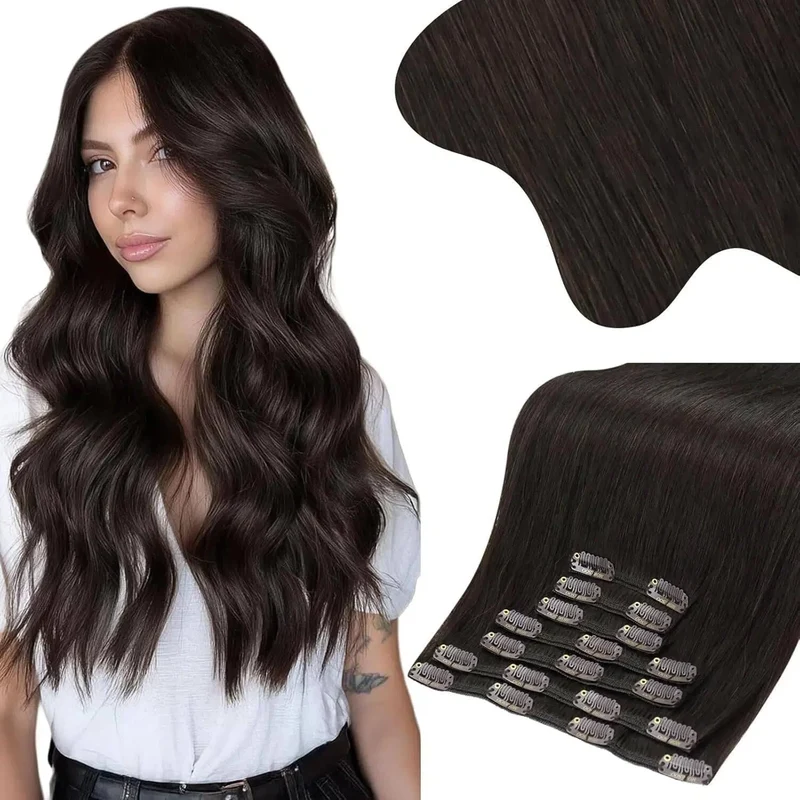 Moresoo Echthaar Extensions Clip in 45 cm 7 Stück 135g Weiches Glattes 2-1#2 45 cm-135g, 2-1#2 45 cm
