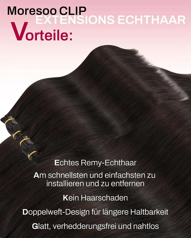 Moresoo Echthaar Extensions Clip in 45 cm 7 Stück 135g Weiches Glattes 2-1#2 45 cm-135g, 2-1#2 45 cm