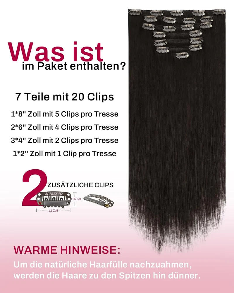 Moresoo Echthaar Extensions Clip in 45 cm 7 Stück 135g Weiches Glattes 2-1#2 45 cm-135g, 2-1#2 45 cm