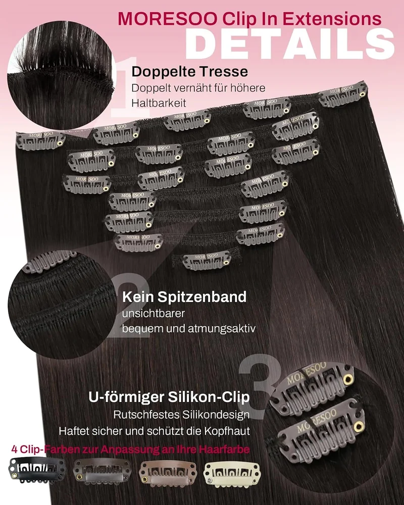 Moresoo Echthaar Extensions Clip in 45 cm 7 Stück 135g Weiches Glattes 2-1#2 45 cm-135g, 2-1#2 45 cm