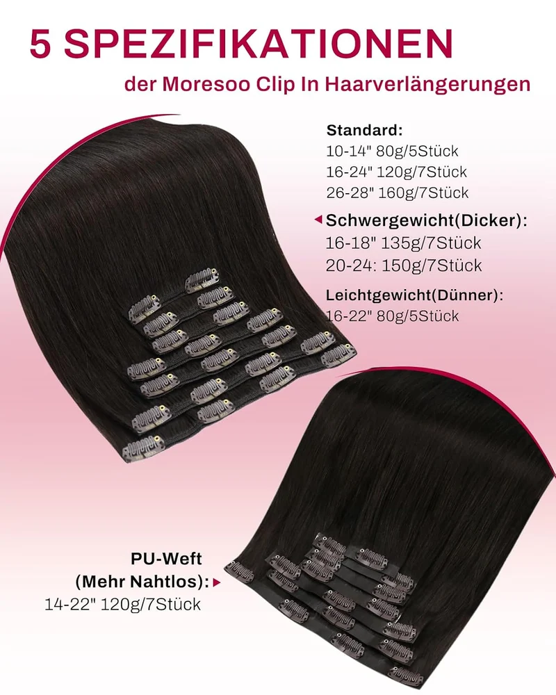 Moresoo Echthaar Extensions Clip in 45 cm 7 Stück 135g Weiches Glattes 2-1#2 45 cm-135g, 2-1#2 45 cm
