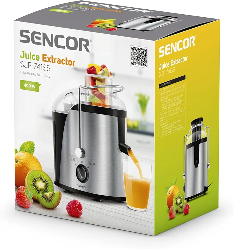 SENCOR SJE 741SS Entsafter Gemüse und Obst (400 Watt, BPA Frei, 2 Geschwindigkeiten) edelstahl Silbe