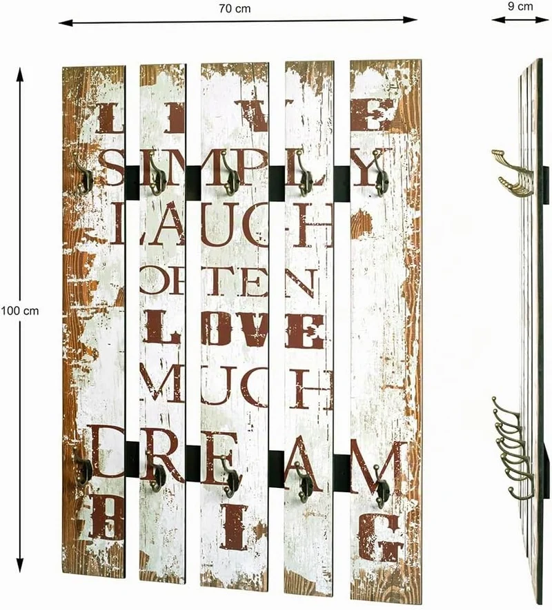 HAKU Wandgarderobe Motiv, Vintage, MDF, Metall - Masse: B 70 x H 100 x 9 cm, Style: Industrial Weiss