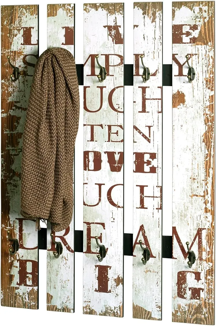 HAKU Wandgarderobe Motiv, Vintage, MDF, Metall - Masse: B 70 x H 100 x 9 cm, Style: Industrial Weiss