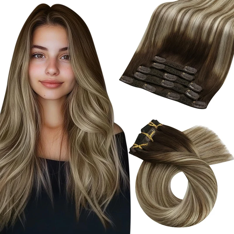 Moresoo Echthaar Extensions Clip in 45 cm Weiches Glattes 7pcs 120g Leicht 3-1#4/6/613 45 cm, 3-1#4/