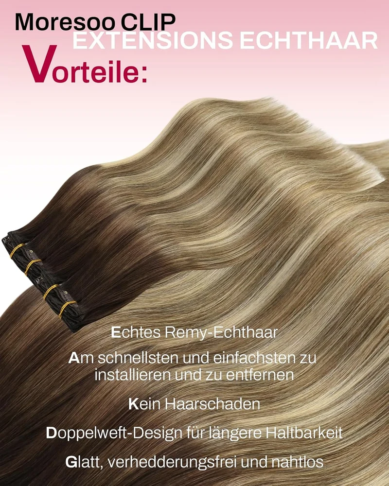 Moresoo Echthaar Extensions Clip in 45 cm Weiches Glattes 7pcs 120g Leicht 3-1#4/6/613 45 cm, 3-1#4/