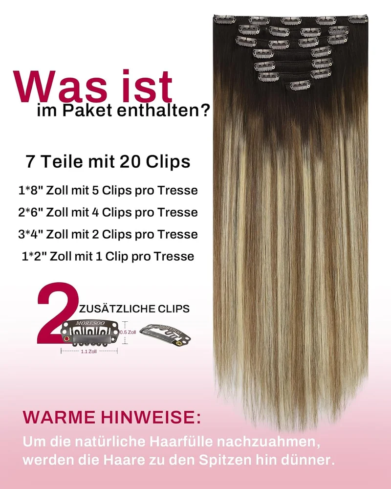 Moresoo Echthaar Extensions Clip in 45 cm Weiches Glattes 7pcs 120g Leicht 3-1#4/6/613 45 cm, 3-1#4/