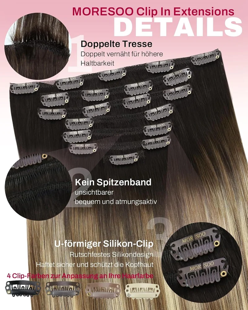 Moresoo Echthaar Extensions Clip in 45 cm Weiches Glattes 7pcs 120g Leicht 3-1#4/6/613 45 cm, 3-1#4/