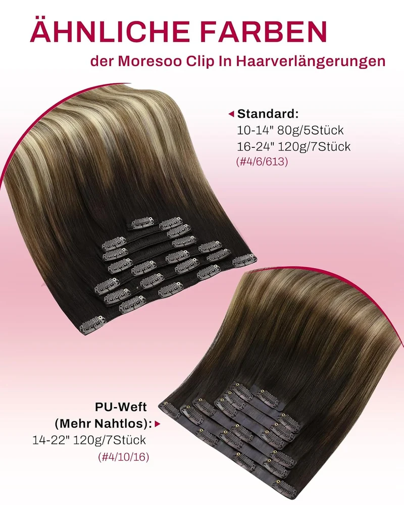 Moresoo Echthaar Extensions Clip in 45 cm Weiches Glattes 7pcs 120g Leicht 3-1#4/6/613 45 cm, 3-1#4/