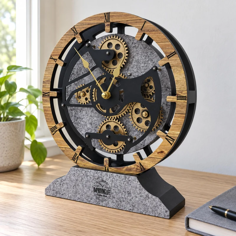 ImprovingLife Schreibtischuhr, 25,4 cm, mit echten beweglichen Zahnrädern, umwandelbar in Wanduhr (B