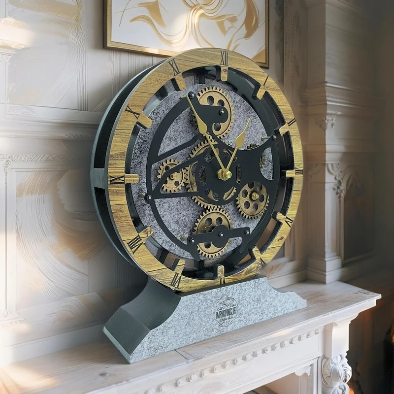ImprovingLife Schreibtischuhr, 25,4 cm, mit echten beweglichen Zahnrädern, umwandelbar in Wanduhr (B