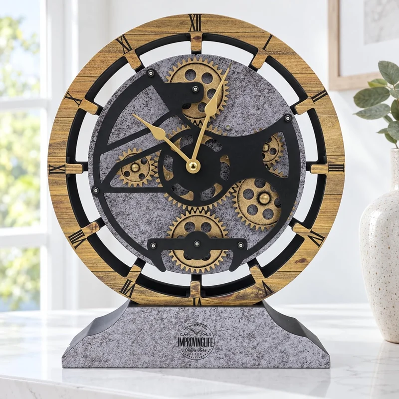 ImprovingLife Schreibtischuhr, 25,4 cm, mit echten beweglichen Zahnrädern, umwandelbar in Wanduhr (B