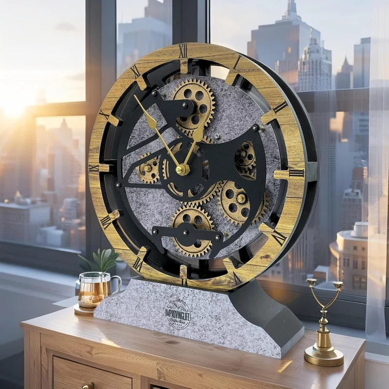 ImprovingLife Schreibtischuhr, 25,4 cm, mit echten beweglichen Zahnrädern, umwandelbar in Wanduhr (B
