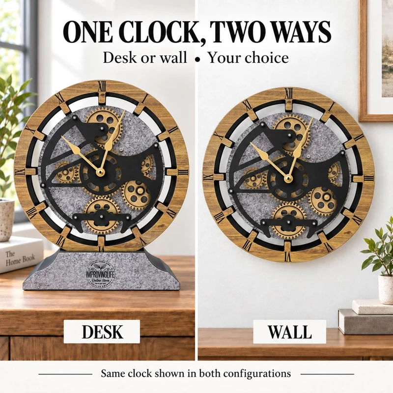 ImprovingLife Schreibtischuhr, 25,4 cm, mit echten beweglichen Zahnrädern, umwandelbar in Wanduhr (B