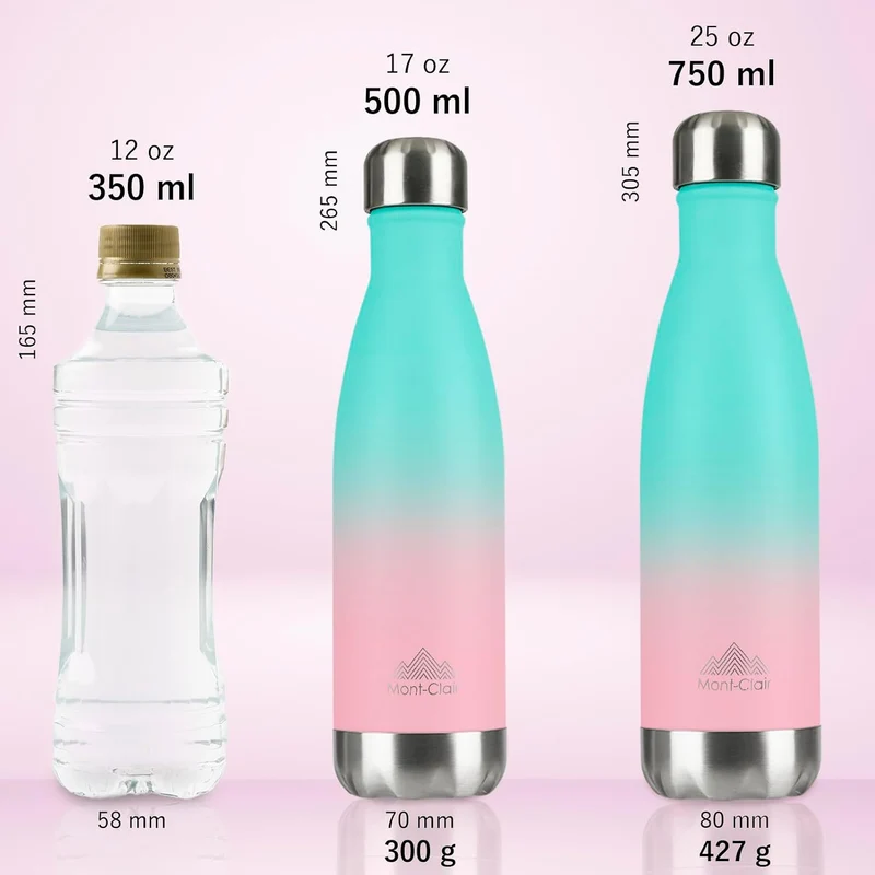 H2O Trinkflasche aus Edelstahl 750 ml Auslaufsicher 750 ml Farbverlauf Cyan Rosa, 750 ml Farbverlauf